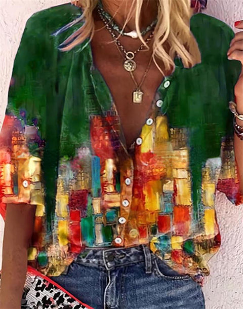 Color Block V Neckline Half Sleeve Blouses m161504887 (5825578)