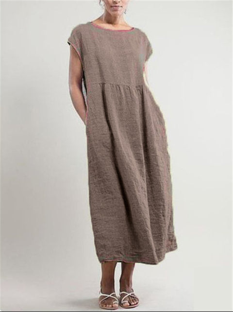 Solid color sleeveless loose cotton and linen pocket dress m301608