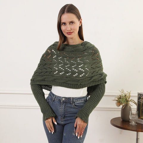 Double-sleeved extended hollow shawl multi-purpose knitted twist sweater with scarf outside autumn and winter women m302058