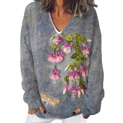 Autumn and winter imitation sweater printing foreign trade new women's pullover V-neck casual fashion long-sleeved top m302113