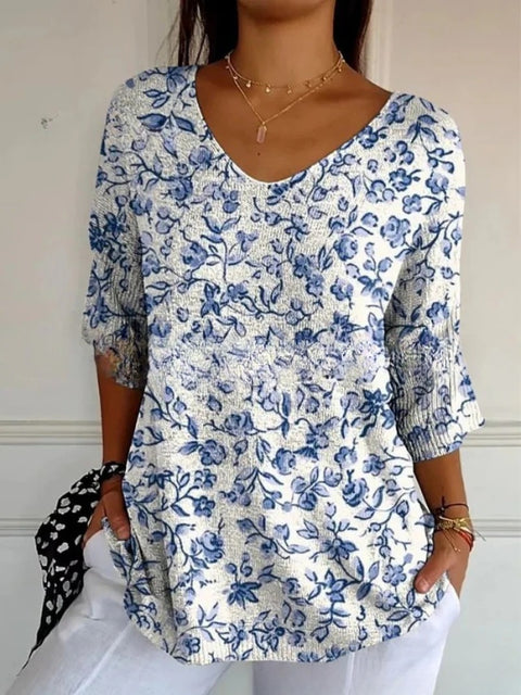 V-neck 3D printed geometric pattern five-quarter sleeve T-shirt top m302777