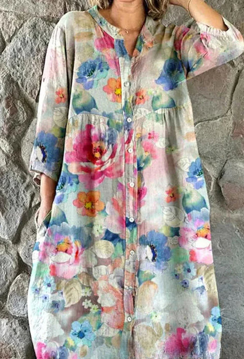 Women's Loose Crew Neck Fashion Premium Long Sleeve Printed Shirt Dress m301050