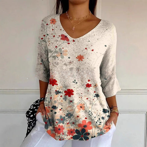 V-neck 3D printed geometric pattern five-quarter sleeve T-shirt top m302777