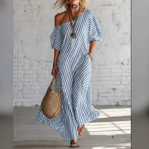 Summer new printing elegant classic striped off-the-shoulder dress m302357