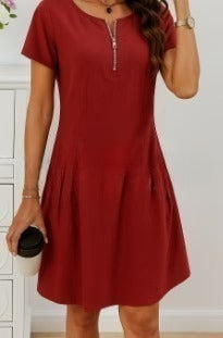 Cotton cotton and linen pocket zipper collar short sleeve dress m302810