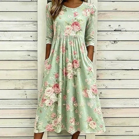 3D printed floral element women's crew neck pocket dress m303029