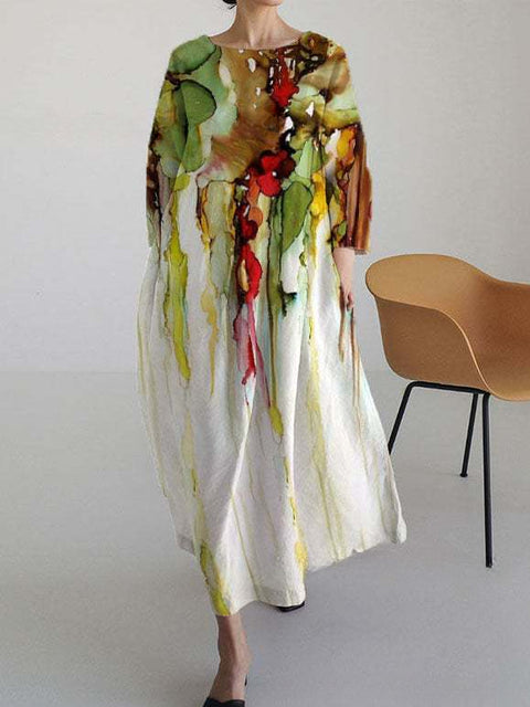 Women's loose crew neck fashion high-end long-sleeved printed dress m301049