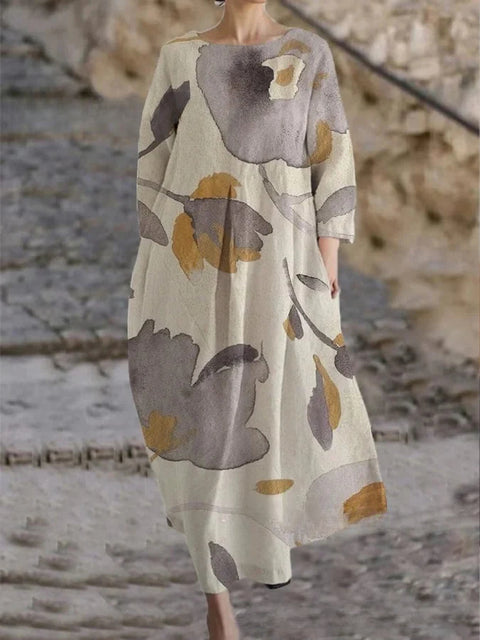 Women's loose crew neck fashion high-end long-sleeved printed dress m301049