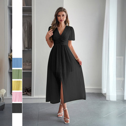 Holiday style deep V short sleeve long dress dress m301395