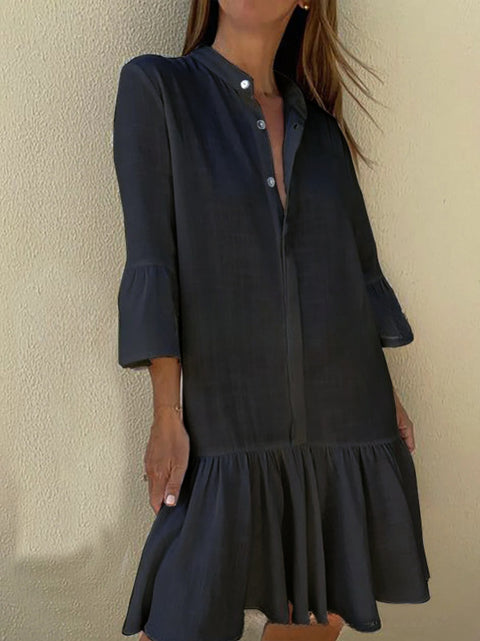 Spring and summer stand-up collar pure cotton and linen solid color ruffle hem dress m300724