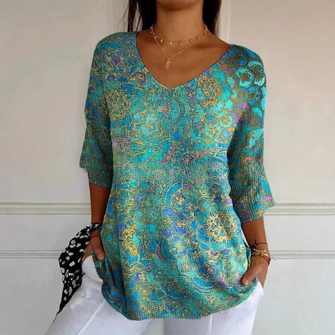 V-neck 3D printed geometric pattern five-quarter sleeve T-shirt top m302777