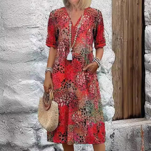 European and American new printed summer V-neck casual vacation pocket dress m301600