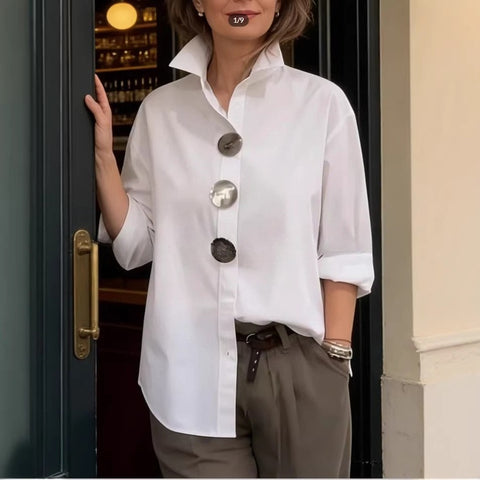 Summer new solid color stand-up collar metal button-down long-sleeved shirt m302423