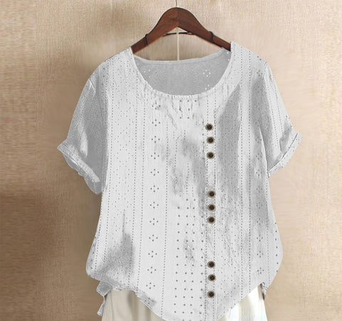 Summer Women's Solid Button Palace Lock Loose Short sleeved Round Neck Top m300046