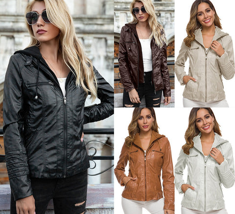 Hooded leather jacket two-piece set removable large size leather jacket women's spring and autumn coat women's PU washed m301828
