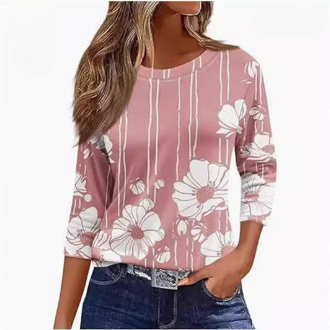 Slim and thin imitation cotton round neck printing solid color seven-quarter sleeve long sleeve m302884