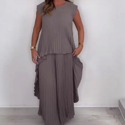 Crew neck solid color sleeve top pleated straight pants set two-piece set m301509