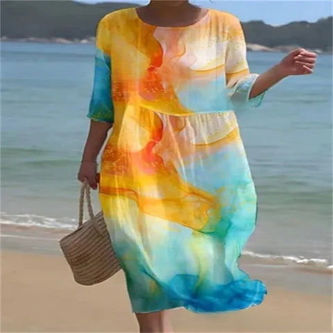 Loose Crew Neck Fashion Premium Long Sleeve Printed Dress m301045