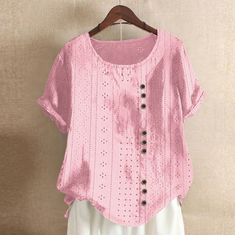 Summer Women's Solid Button Palace Lock Loose Short sleeved Round Neck Top m300046