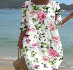 Loose crew neck fashion high-end long-sleeved printed dress m301053