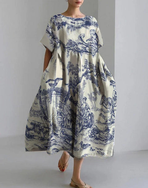 Women's loose crew neck fashion high-end short-sleeved printed dress m301052