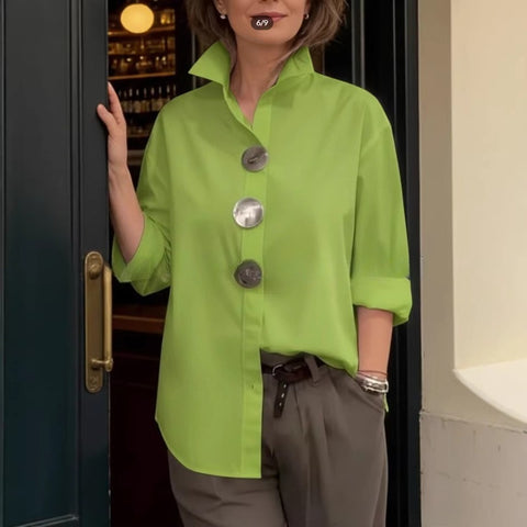 Summer new solid color stand-up collar metal button-down long-sleeved shirt m302423