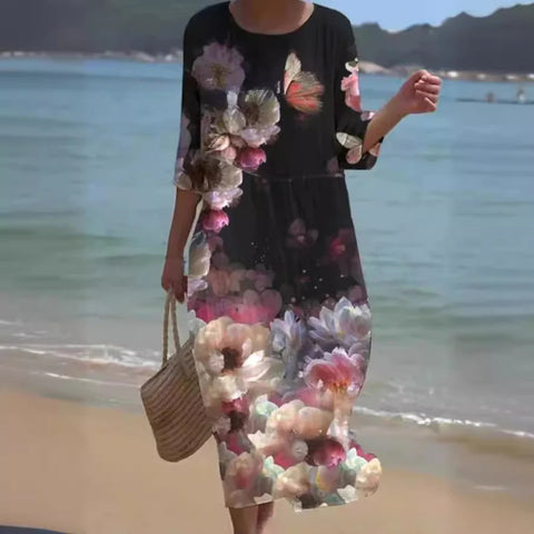 Loose crew neck fashion high-end long-sleeved printed dress m301053