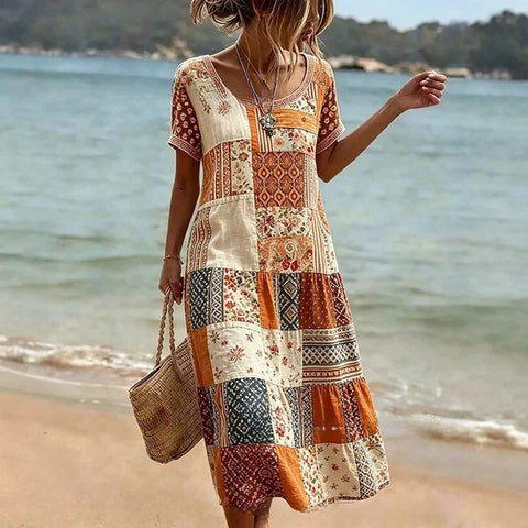 3D printed holiday style summer beach fashion crew neck short-sleeved dress m303008