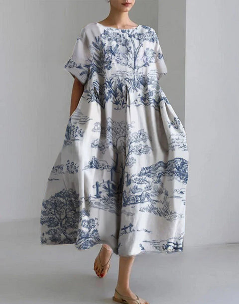 Women's loose crew neck fashion high-end short-sleeved printed dress m301052