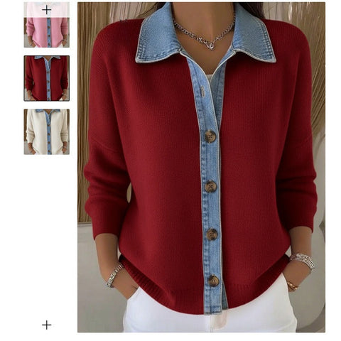 Unique denim splicing collar cardigan women's spring sweater small shirt slim long-sleeved top m302110