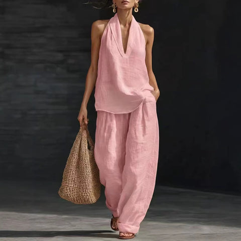Sleeveless loose shoulder suit women's summer casual wide-leg pants two-piece set m302658