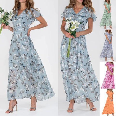 Beach pendulum long dress chiffon floral short-sleeved ruffle V-neck fashion waist dress m301342