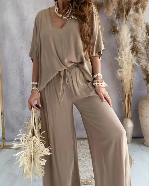 V-neck bat sleeve casual loose wide-leg pants suit women's m302414