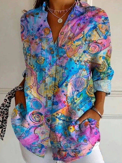 3D digital printing abstract pattern women's long-sleeved buckle linen shirt m302749-01