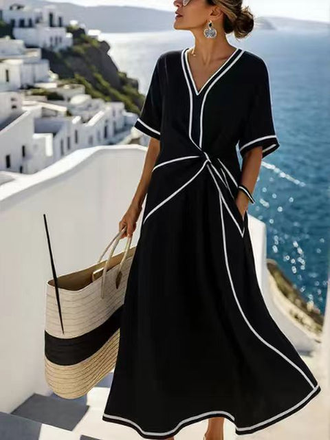Crew neck sleeveless contrasting color loose and thin cross dress m302458