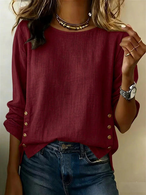 Women's T-shirt solid color round neck casual loose cotton and linen top m302837