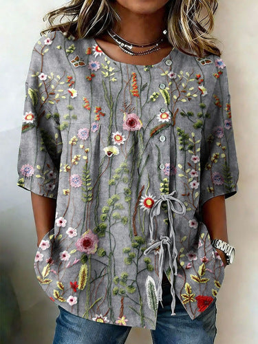 Color matching loose blouse five-button drawstring m302924