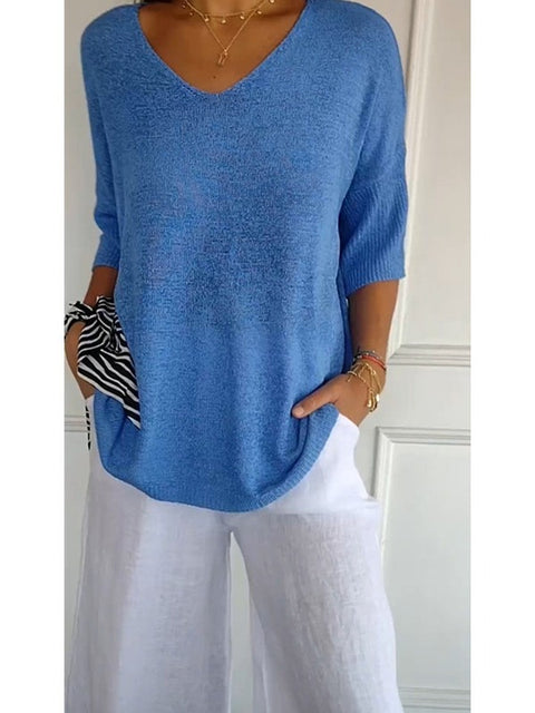 Casual sweater basic thin V-neck seven-quarter sleeve solid color knitted sweater women's bottoming shirt m301636