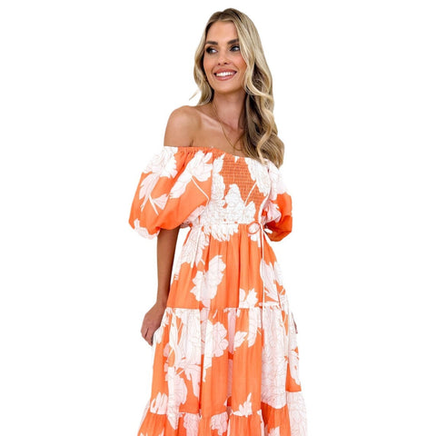 Elegant Floral-Print off-Shoulder Puff Sleeve Fashion Dress M300289