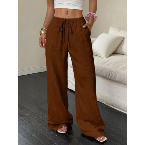 Casual solid color textured fabric knotted waist diagonal pocket wide leg pants m302809