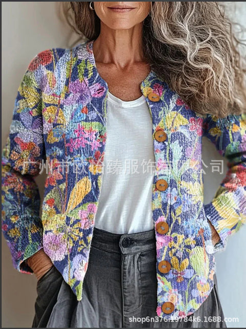 Autumn new colorful warm sunshine flower sea printed button cardigan m301725