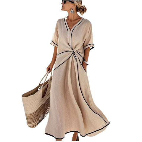V-neck women's fashion elegance commuter ladies printed striped dress print ladies print ladies m302355