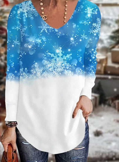 Loose 3D V-neck long-sleeved T-shirt women's Christmas printed bottoming shirt m302098