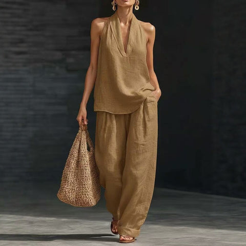 Sleeveless loose shoulder suit women's summer casual wide-leg pants two-piece set m302658