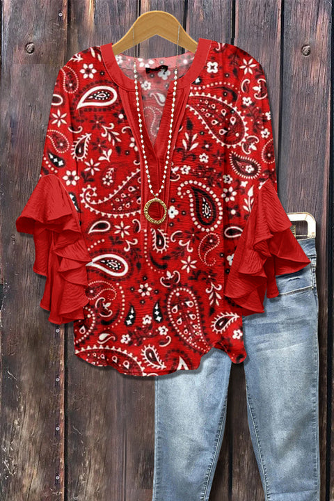 Creative floral element printing digital printing casual trend V-neck lotus edge T-shirt m301352