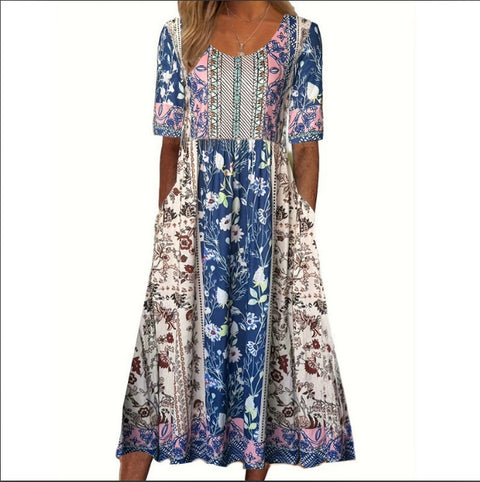 Women's Crew Neck Short Sleeve Long Dress Bohemian Dress m302895