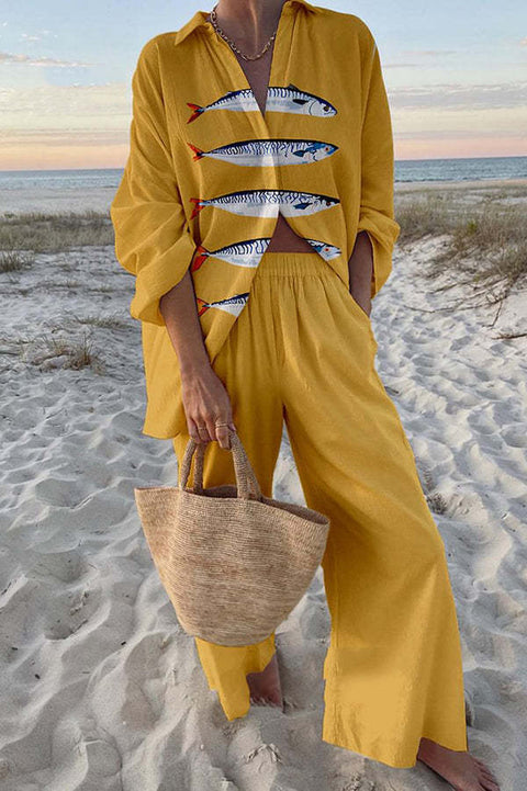 Linglong hemp fish shading casual suit loose sports wide-leg pants marine element casual shirt m303169