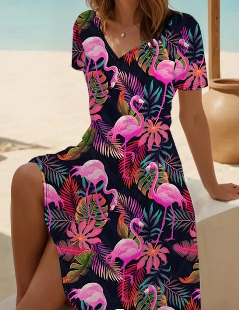 New V-neck casual flower print short-sleeved medium-length dress m302707