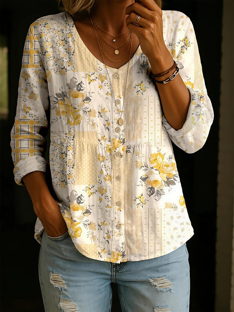 Crew Neck Women's Floral 3D Printed Women's Henley Shirt m302611