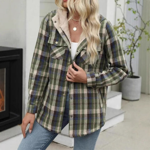 Women's plaid jacket long-sleeved hairy hooded jacket jacket with pockets m302153